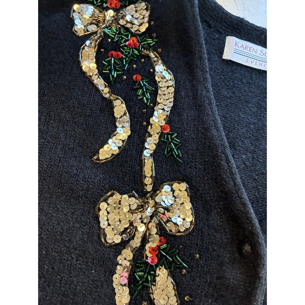 VTG 90s Black Silk Christmas Cardigan Sequin Beaded Jewels Luxury Plus Sz 2X - Picture 10 of 16